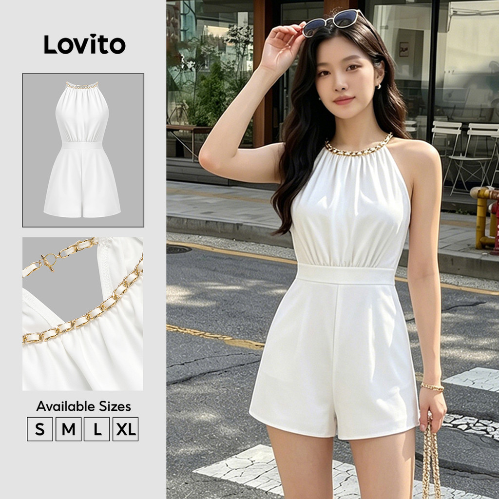 Lovito Elegant Jumpsuit Metal Basic Summer/Spring Jumpsuit for Women LNE30044 (White) Lovito Huatau Huatau Te Hukarere Huatau Raumati/Koanga Pekepeke mo nga Wahine LNE30044 (Ma)