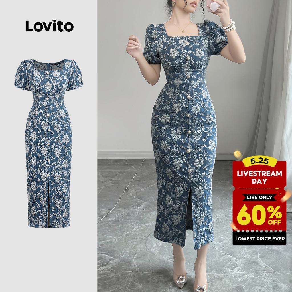 Lovito Casual Dress French Lazy Style Pearls Spring/summer Blue Dress for Women Plus Size Friendly L150AD1621 Lovito Gaun Kasual Gaya Lazy Perancis Gaun Biru Mutiara Musim Bunga/musim Panas Untuk Wanita Mesra Saiz Besar L150AD1621