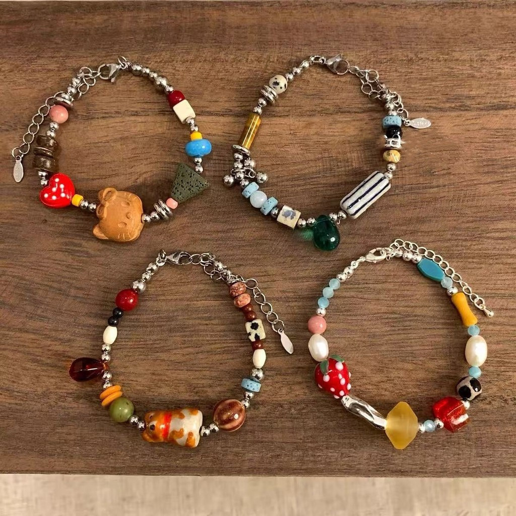 [Fast Shipping COD]Vintage Natural Stone Beaded Bracelet for Women Unique Stackable Wrist Jewelry Handmade Boho Chic Gift Eco Friendly Sustainable Fashion Accessory