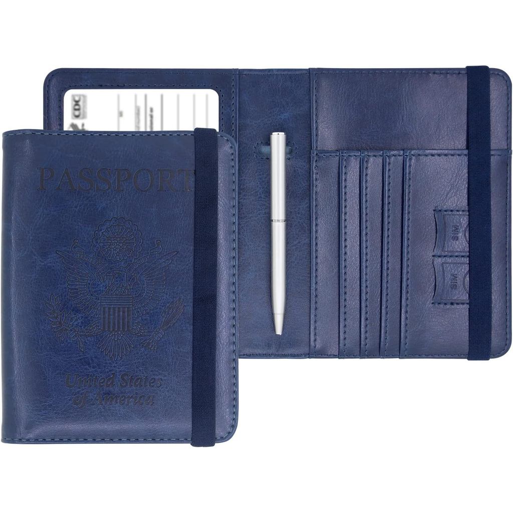 Pemegang Pasport Kulit dengan Penutup Pelindung RFID, Penyelenggara Pasport dan ID, Dompet dengan Pemegang Kad Vaksin, Pelindung Vaksinasi CDC untuk Lelaki dan Wanita (Biru Gelap)