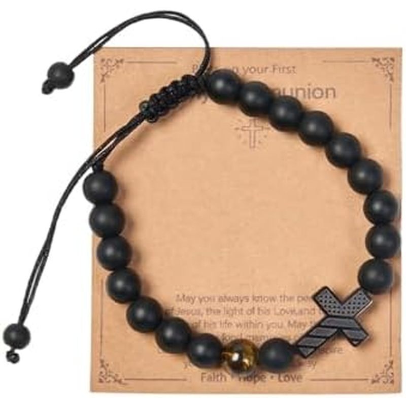 Easter Faithful Gifts for Boys Men, Cross Charm Beads Bracelet with Inspirational Bookmark Easter Jewelry Set, Faith-Based Milestone Gifts for Godson