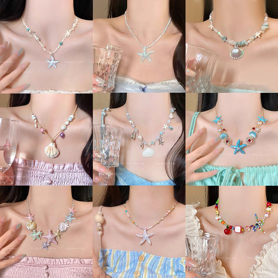 Ready Stock Summer Beach Starfish & Shell Beaded Necklaces for Women, Ins Boho Tropical Layered Chokers, Casual Vacation Cottagecore Daily Jewelry