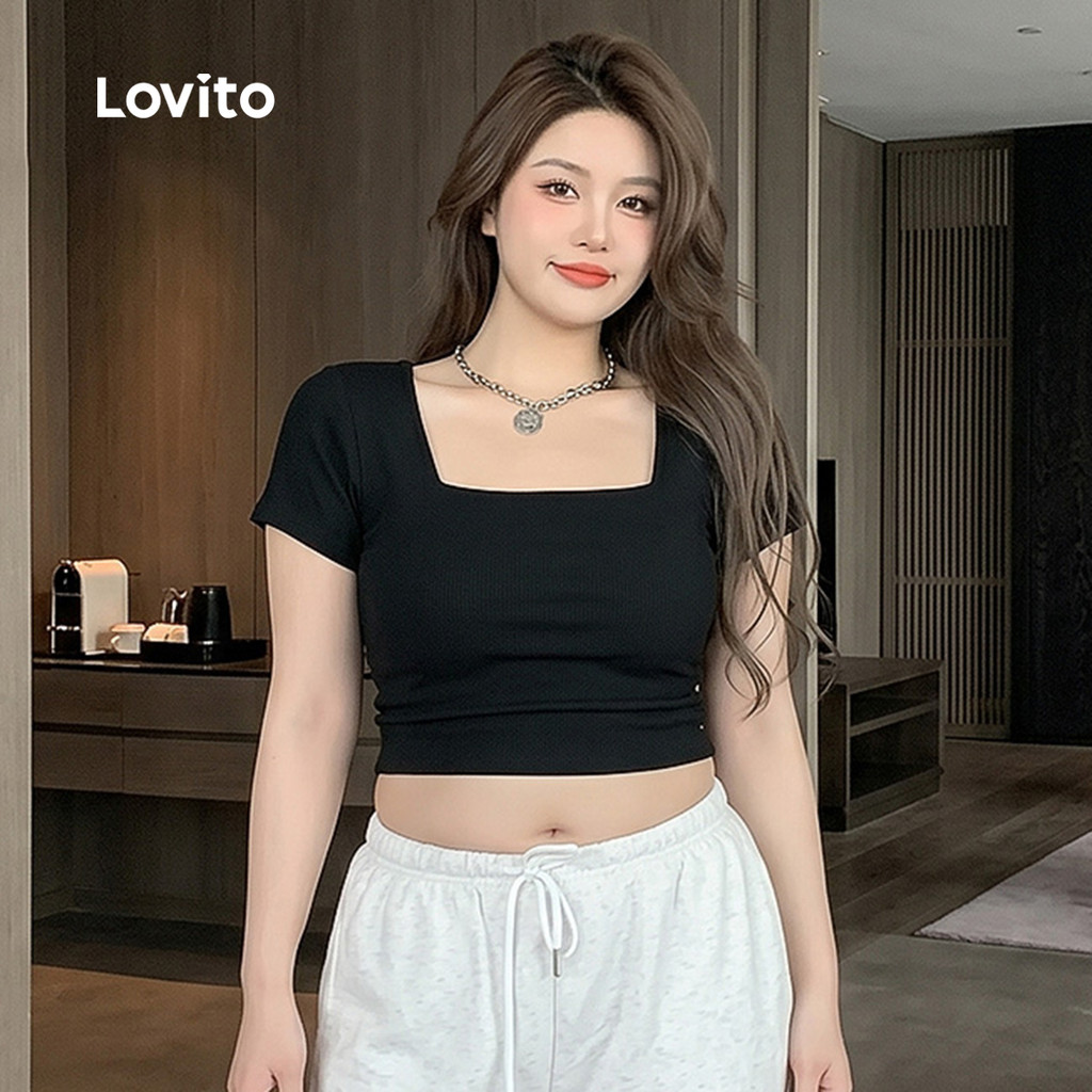 Lovito Casual TShirt Plain Basic Square Neck TShirt for Women Plus Size Friendly LNE11006 (Multicolor) Lovito Casual Tshirt Kosong Asas Tshirt Leher Segiempat Untuk Wanita Mesra Saiz Besar LNE11006 (pelbagai Warna)