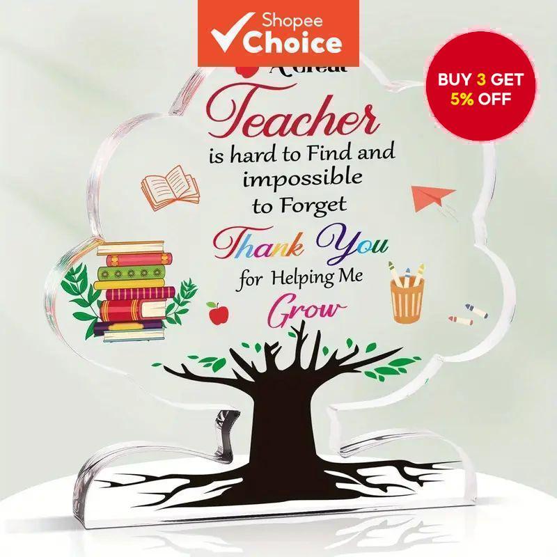 Thank You Teacher Acrylic Tree Plaque - Heartfelt Gift for Graduation, Retirement, Birthday, or End of Semester - Includes Books, Pencil, Acrylic Teacher Decorative Ornament Gift Terima Kasih Guru Papan Tanda Akrilik Pokok - Hadiah Ikhlas untuk