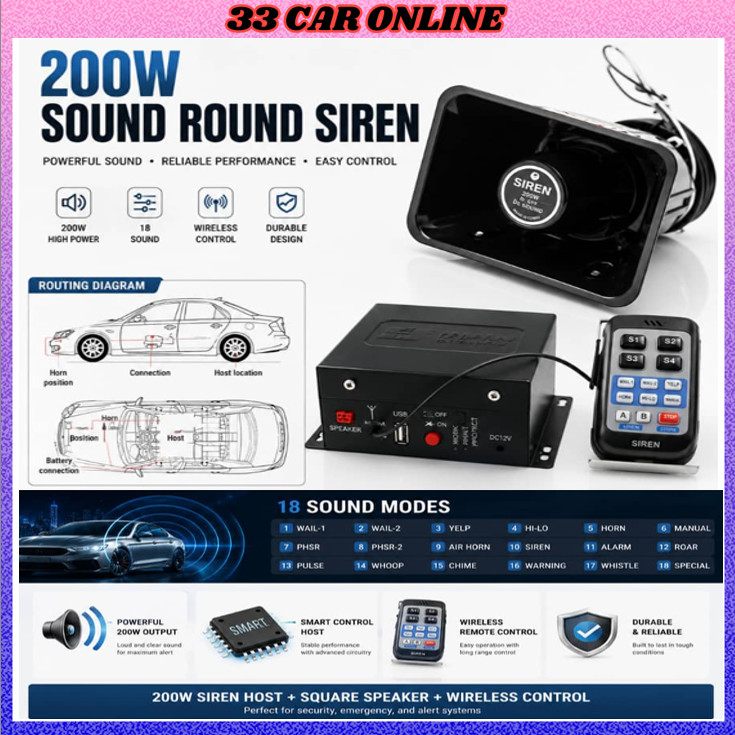 Penggera Kereta 200W dengan Speaker Horn dan Kawalan Jauh Tanpa Wayar