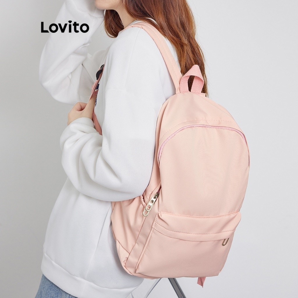 (Trendy) Lovito Preppy Backpack Plain Colorblock Double Shoulder Strap Multi-pocketed Backpacks for Women L41BA05 (White/Pink/Blue/Black)