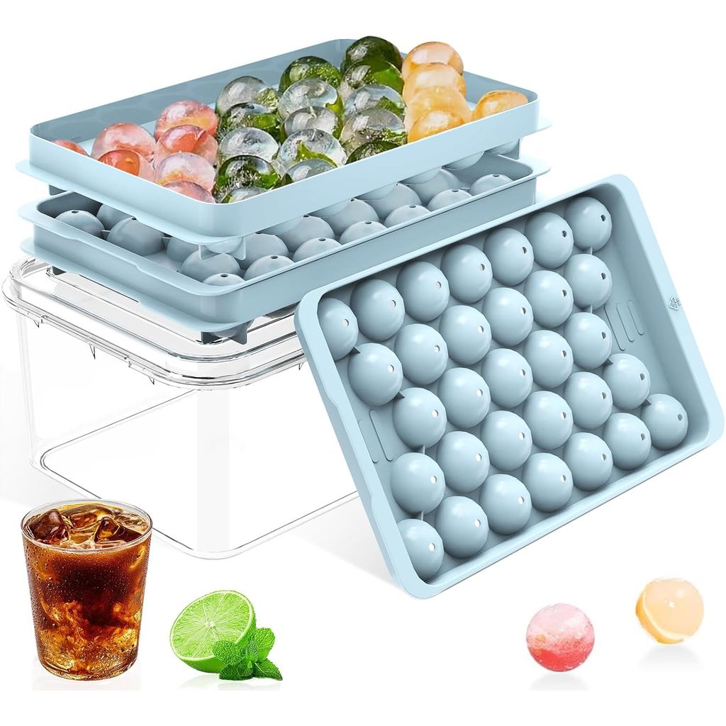 Bekas dengan Penutup dan Tong – Bekas Ais Bulat untuk Peti Sejuk, Acuan Ais Gred Makanan Bebas BPA, Pembuat Bola yang Boleh Disusun, Kit Ais, Bulat untuk Koktel, Wiski