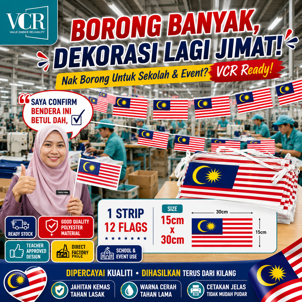 VCR Bendera Gantung Malaysia 12 Flags | Jalur Gemilang flagline bunting | Bendera Merdeka Sekolah Event Kedai Pejabat