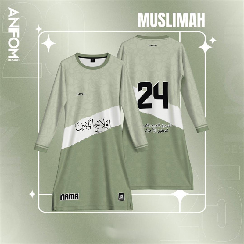 [Customized Name] Sage Green Muslimah Jersey Tunic Long Sleeve Modest Sportswear with Arabic Print Customizable Islamic Activewear for Women Casual and Athletic Wear