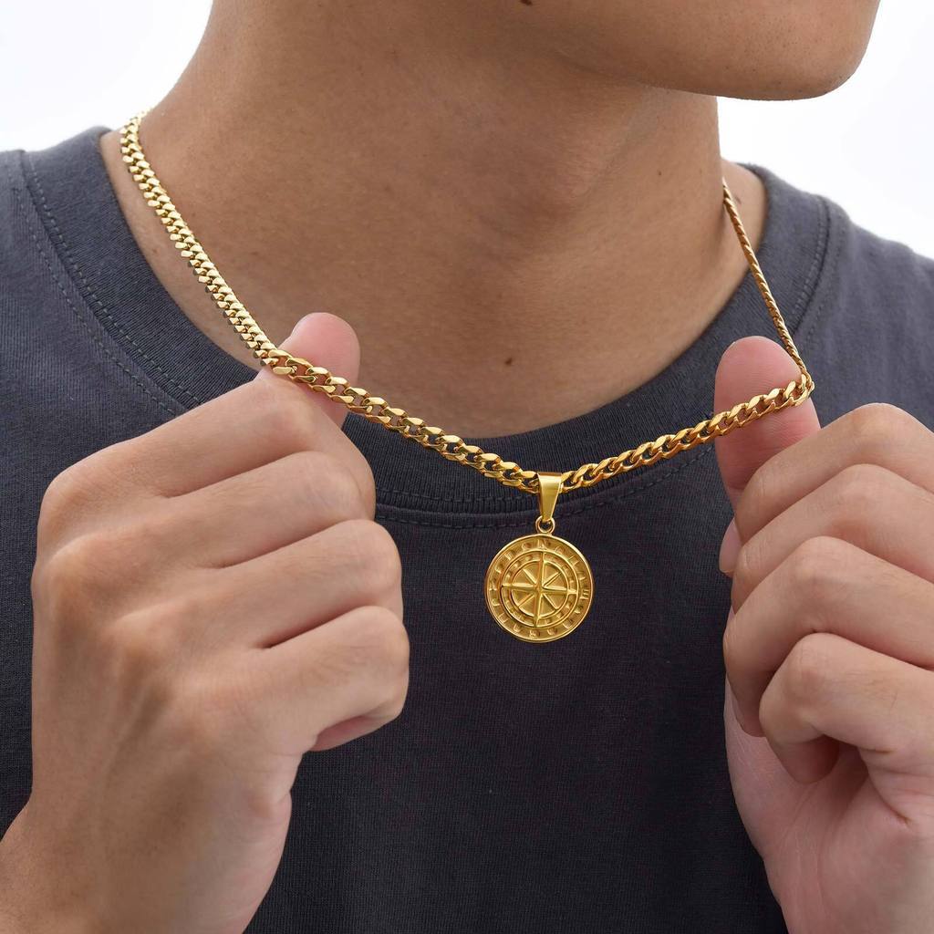 Gold Color Mens Compass Necklaces,Vintage Viking North Star Anchor Medal,Stainless Steel Pendant for Male Boyfriend Dad Gift
