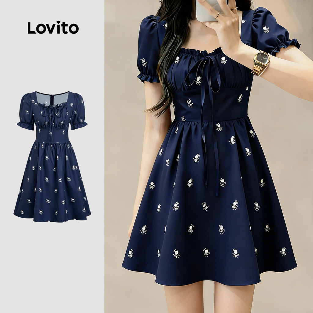 Lovito Casual Dress Lace Up Ruffle Spring/summer Navy Blue Dress for Women LBL33053 Lovito Gaun Kasual Bertali Ruffle Musim Bunga/musim Panas Biru Navy untuk Wanita LBL33053
