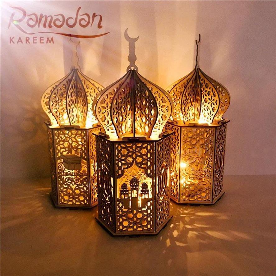 1 Pcs Eid Mubarak Wooden Pendant With Led Candles Light Ramadan Decorations For Home Islamic Muslim Party Eid Ramadan Decoration