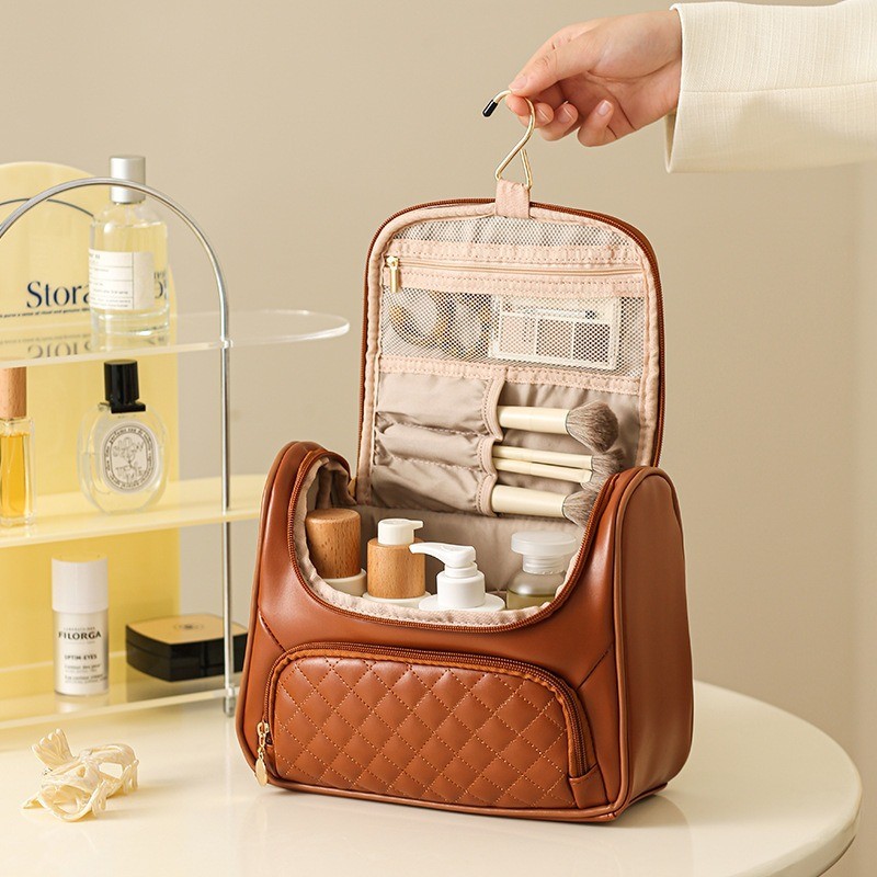 Women's Cosmetic Bag Large Capacity PU Diamond-Patterned Storage Bag Travel Portable Toiletry Bag
