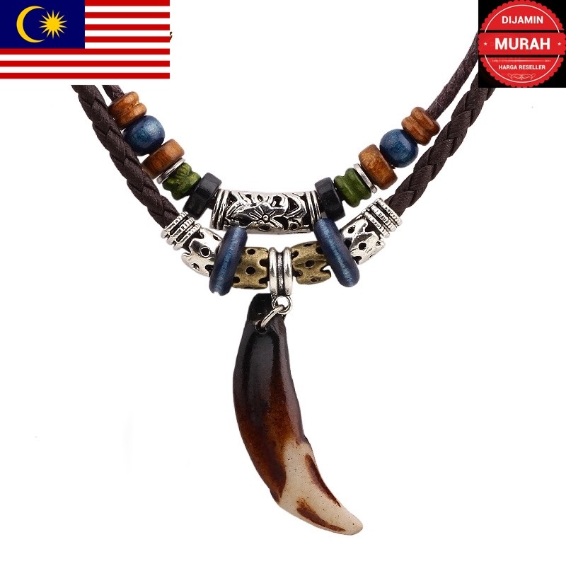 MP Men Vintage Tribal Wolf Tooth Pendant Necklaces / Personality Bohemia Leather Beaded Weave Rope Ethnic Necklace / Gif