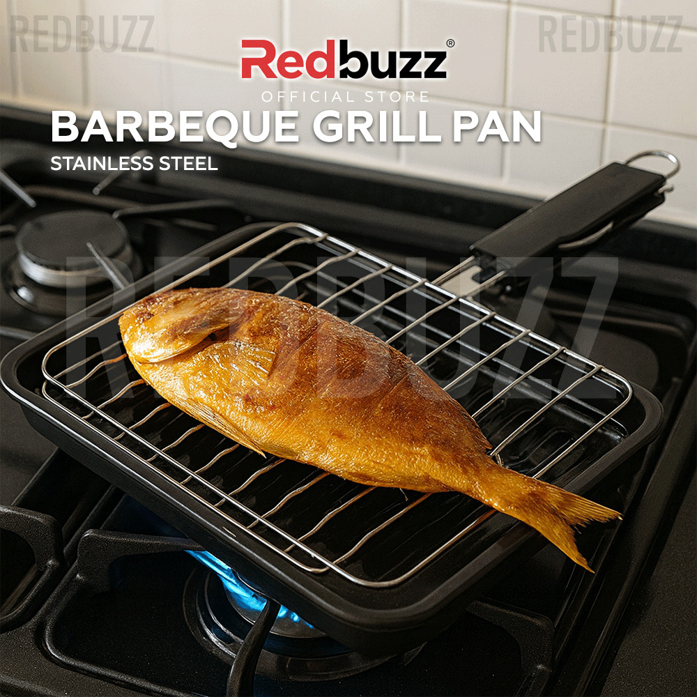 REDBUZZ BBQ Fish Grill Pan with Tray –Japanese Style Non-Stick Pan | PEMBAKAR BBQ GRILL PENGEPIT IKAN 