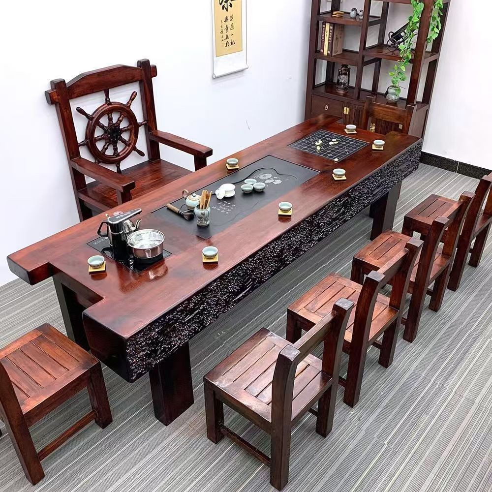 Set Meja Teh Kayu Kapal Berusia dan Kerusi Kayu Pejal Set Penuh Rumah Seni Teh Meja Teh Meja Sambutan Mesyuarat Pejabat Meja Teh Tulang Naga