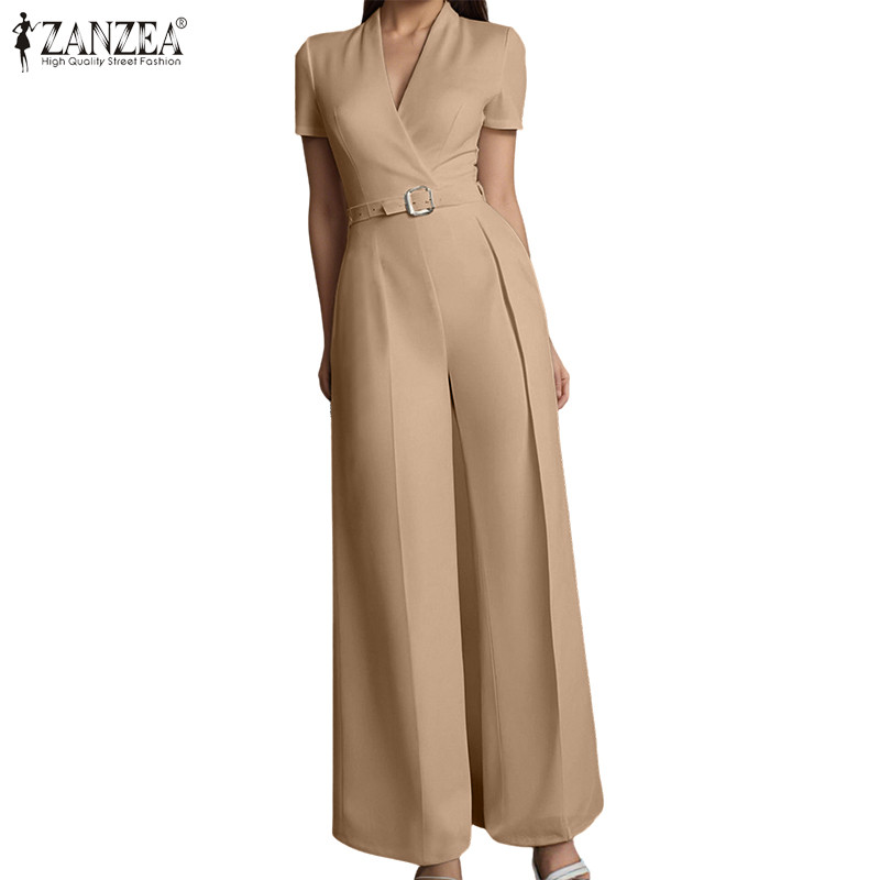 ZANZEA Women's Korean Style V-neck Waist Belt Wide Leg Jumpsuit