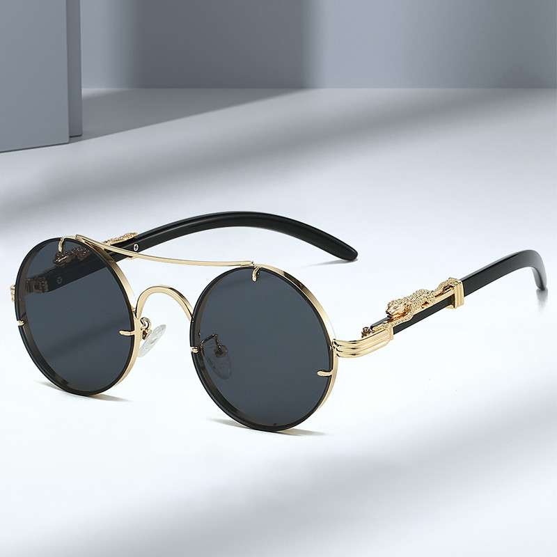COD Free Shipping New Style Fashion Double-Beam Round Frame Leopard Head Sunglasses High-End Feeling Unique All-Match Driving Driving Anti-Strong Light Glasses