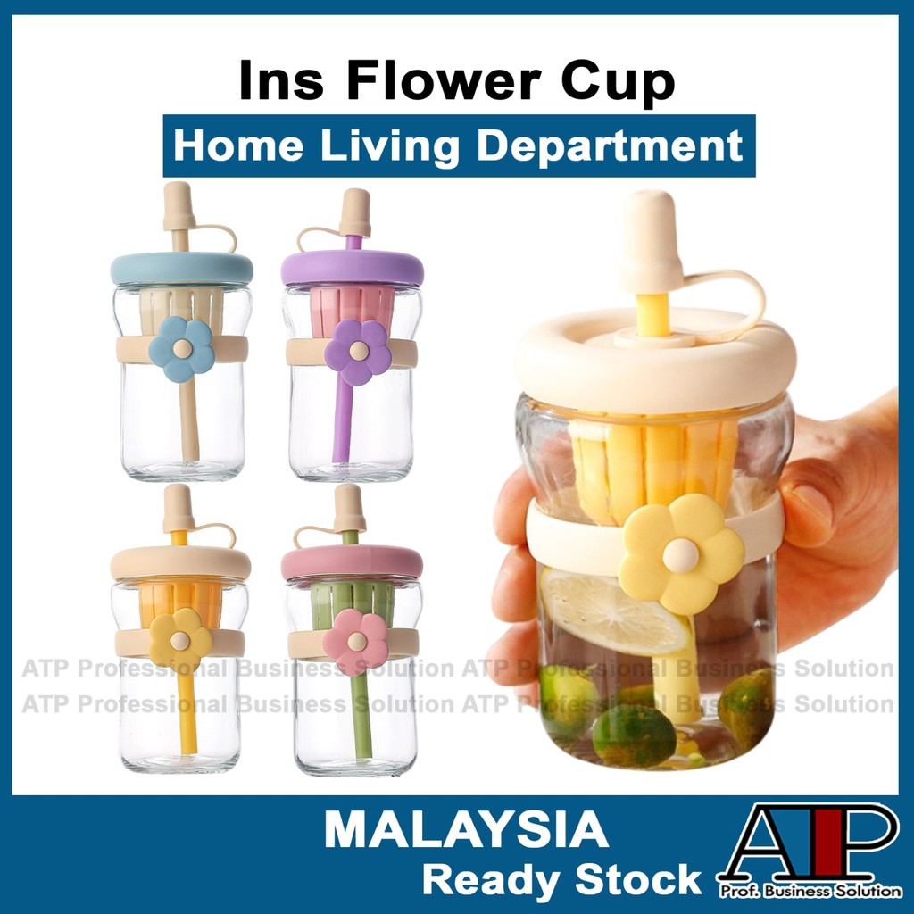 Mug [500ml] Cawan Cute Macaroon Glass Cup with Straw and Separation Portable Cup High-End Feeling Flower Gift Cup
