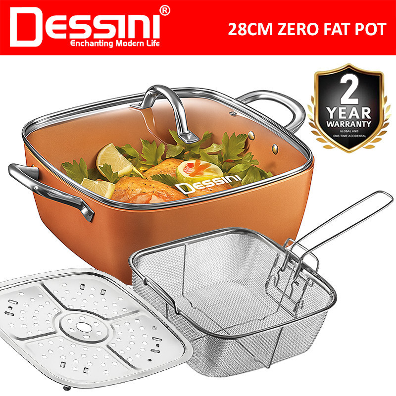 DESSINI ITALY 4 Pcs Zero Fat 28CM Pot Induction Aluminium Copper Casserole Deep Fry Pan Wok Bowl Basket PERIUK + Steamer