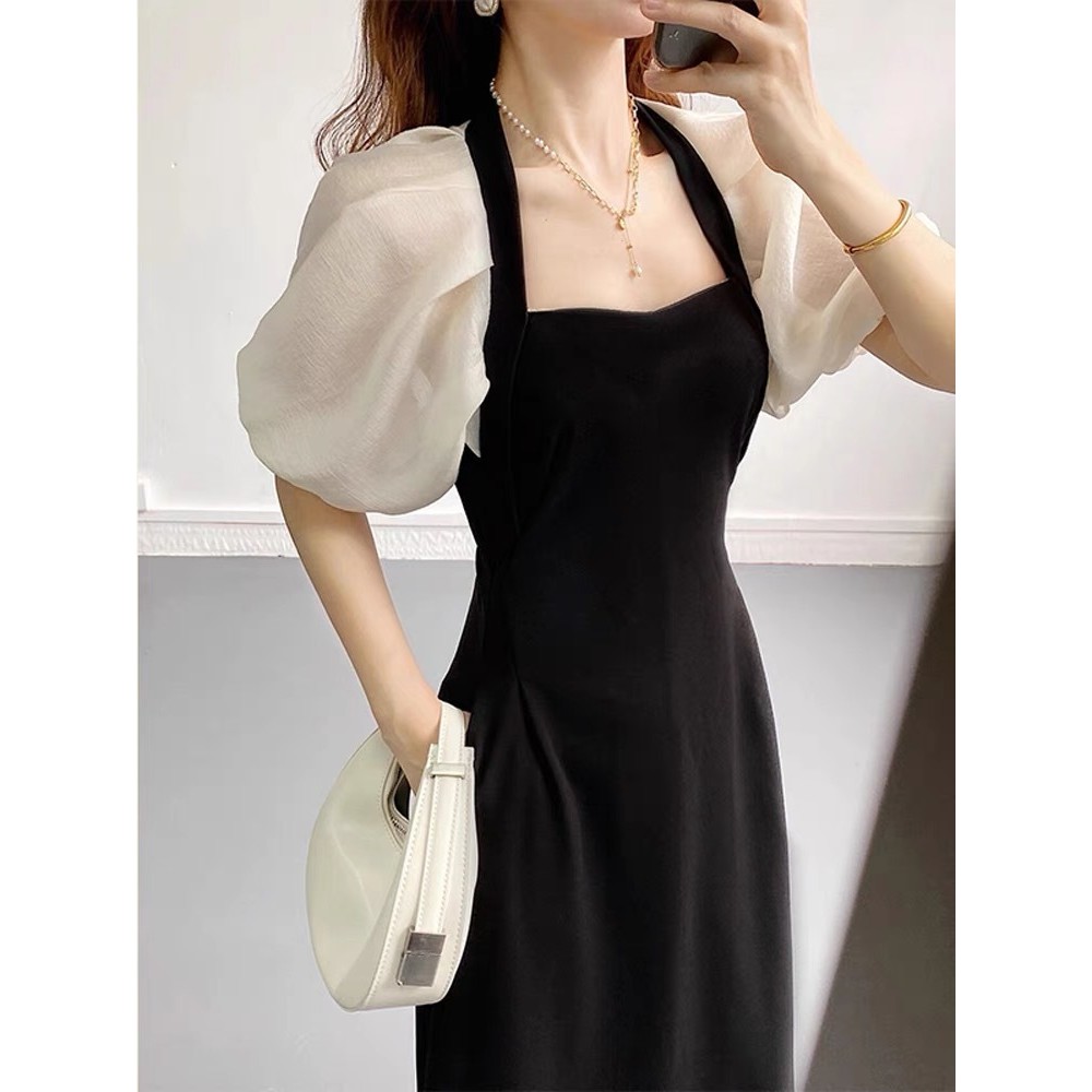 Audrey Hepburn-Inspired Long Black and White Formal Dress with Sleeves