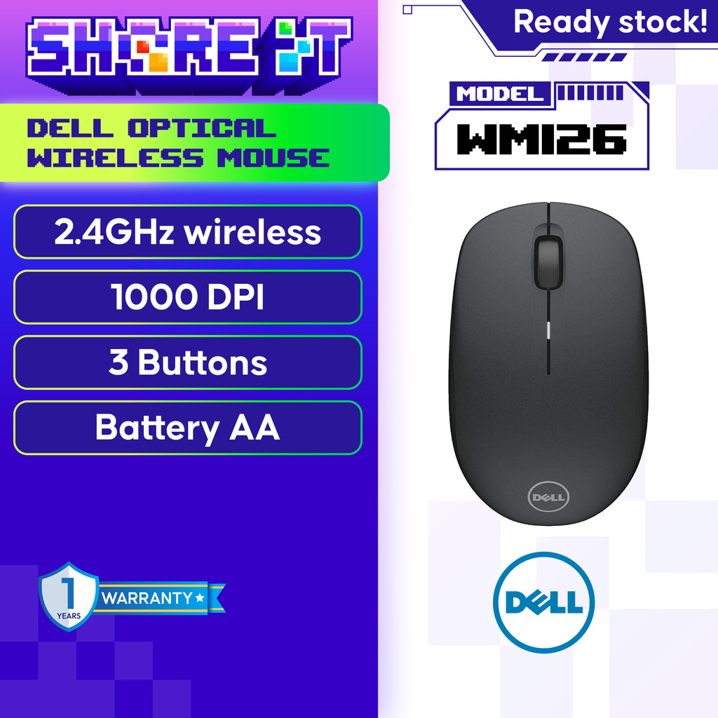 Dell Optical Wireless Mouse - WM126 with Excellent Battery Life for student home business office classic pelajar desktop