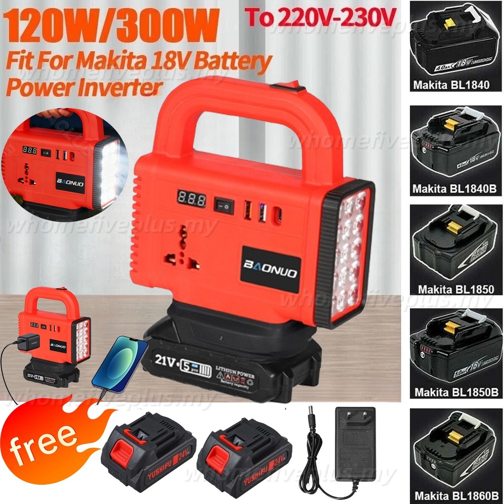 Makita Power Inverter With Light Portable Handle Power Bank 21v-20v Outdoor Light Multifunctional Household Intelligent Transformer With 2usb,Ac Outlet & Type-C