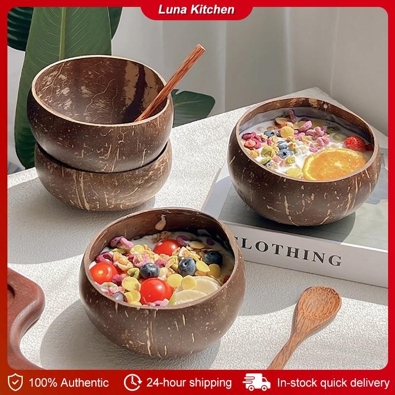 Natural Coconut Breakfast Salad Bowls With Spoon Reusable Serving Utensils Fruit Bowl