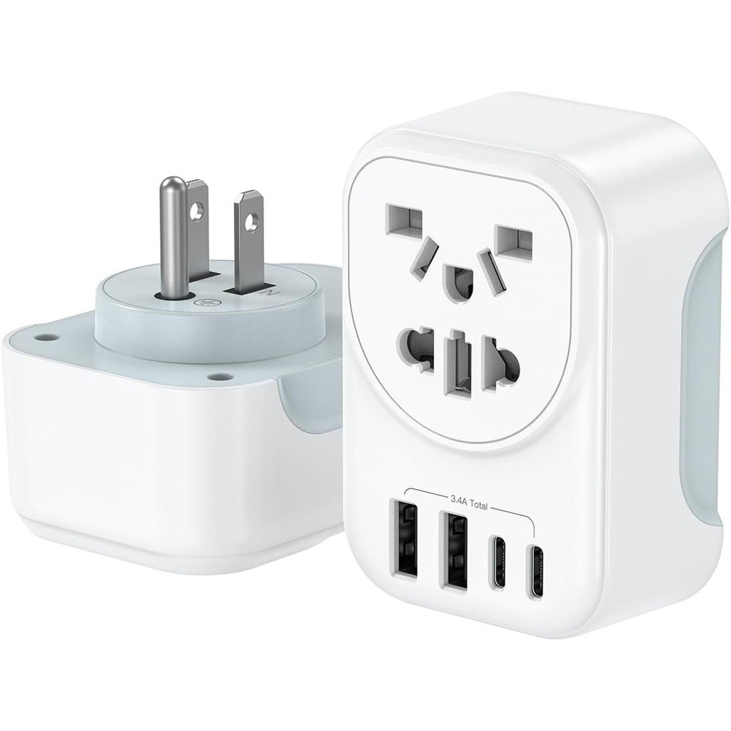 Penyesuai Palam Perjalanan Dunia ke AS Kanada, Penyesuai Kuasa Eropah/China/Jepun/Australia/UK ke Amerika Syarikat dengan 2 Port USB A dan 2 Port USB C, Pengecas Kuasa Outlet Dinding Penyesuai Perjalanan Universal(1 Pac