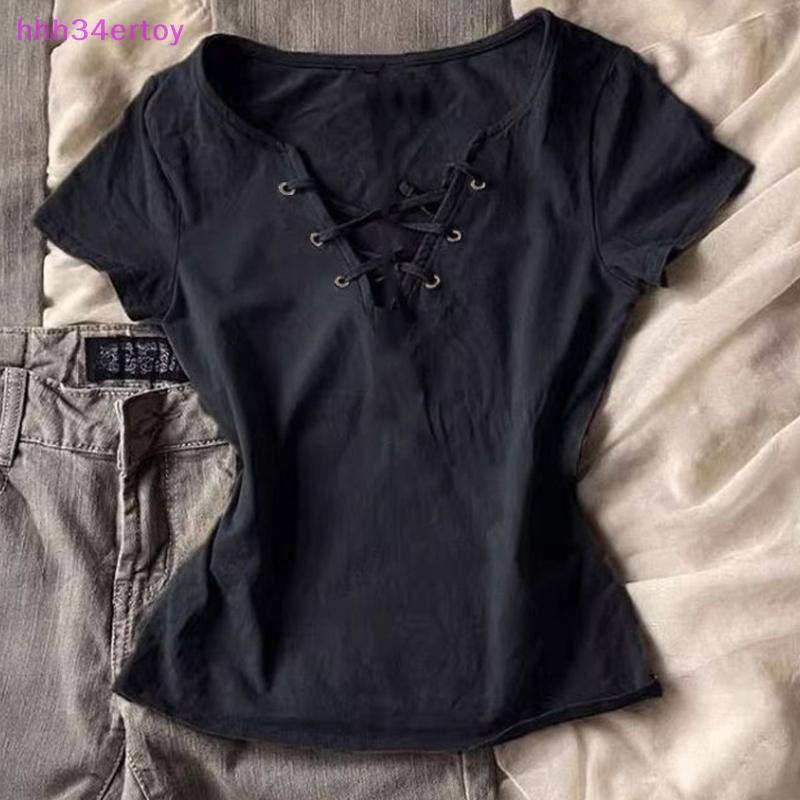 American V-neck Lace-up T-shirt - Fashionable Y2K Design for Women
