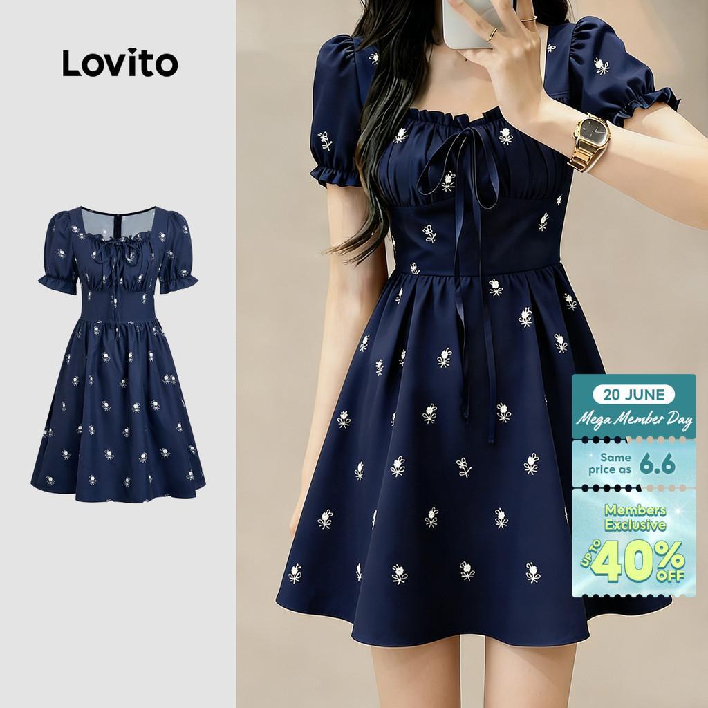 Lovito Casual Dress Lace Up Ruffle Spring/summer Navy Blue Dress for Women LBL33053 Lovito Casual Gaun Bertali Ruffle Musim Bunga/musim Panas Biru Navy untuk Wanita LBL33053