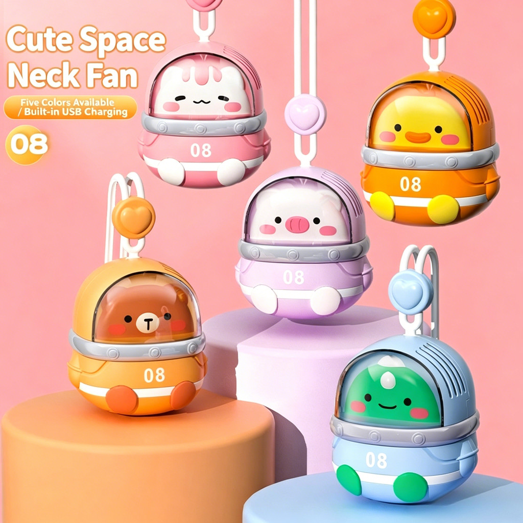 Cute Cartoon Space Neck Fan Bladeless Portable USB 3 Speed Kids Gift | Kipas Leher Kartun Angkasa Tanpa Bilah USB 3 Kelajuan Hadiah Kanak | 太空卡通无叶挂脖风扇 儿童礼物 便携三档