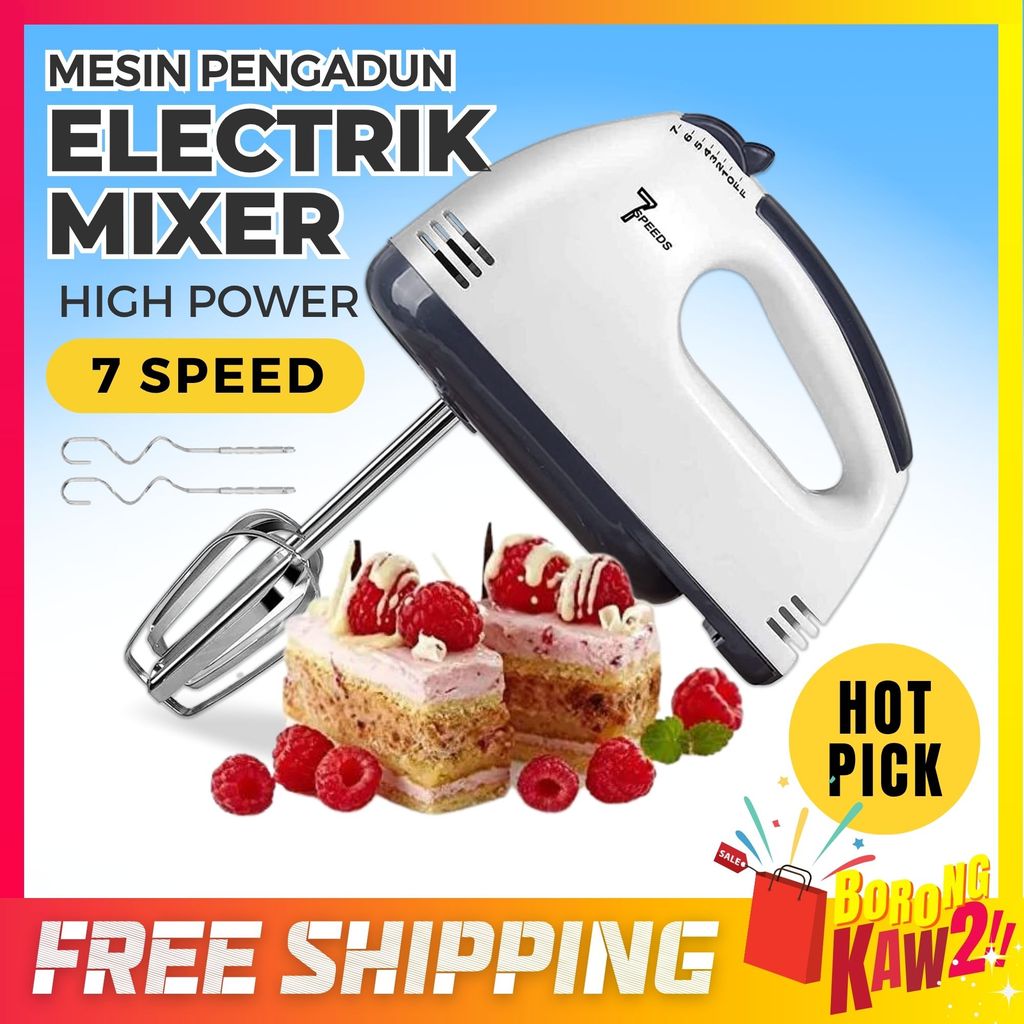 HE-133 Stainless Steel 7 Speed Electric Egg Beater Hand Mixer Chrome Dough Flour Baking Whisk Mesin Pengadun Tepung