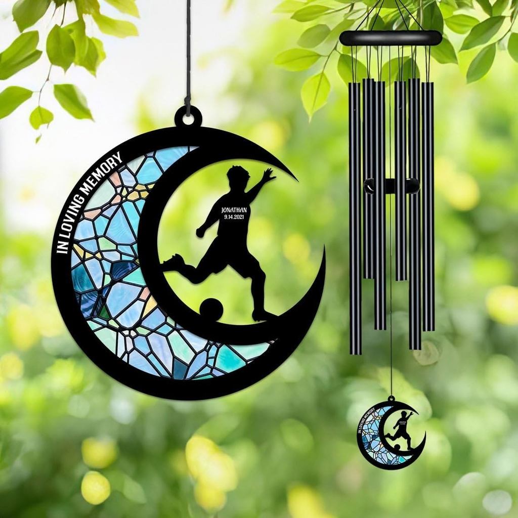 Personalized Wind Chime in Loving Memory of, Loss of Soccer, Memorial Suncatcher, Sympathy Wind Chime, Remembrance and Bereavement Wind Chimes for Loss of Loved one (Design 3)