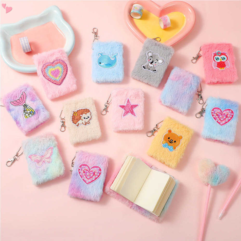 Mini Cute Plush Pocket Journal with Blank Inner Paper: Thicken Diary with Keychain, Personal Small Meet Journals Cartoon Pink Notepads Set for Girl, Nurses, Travel Writing, Drawing