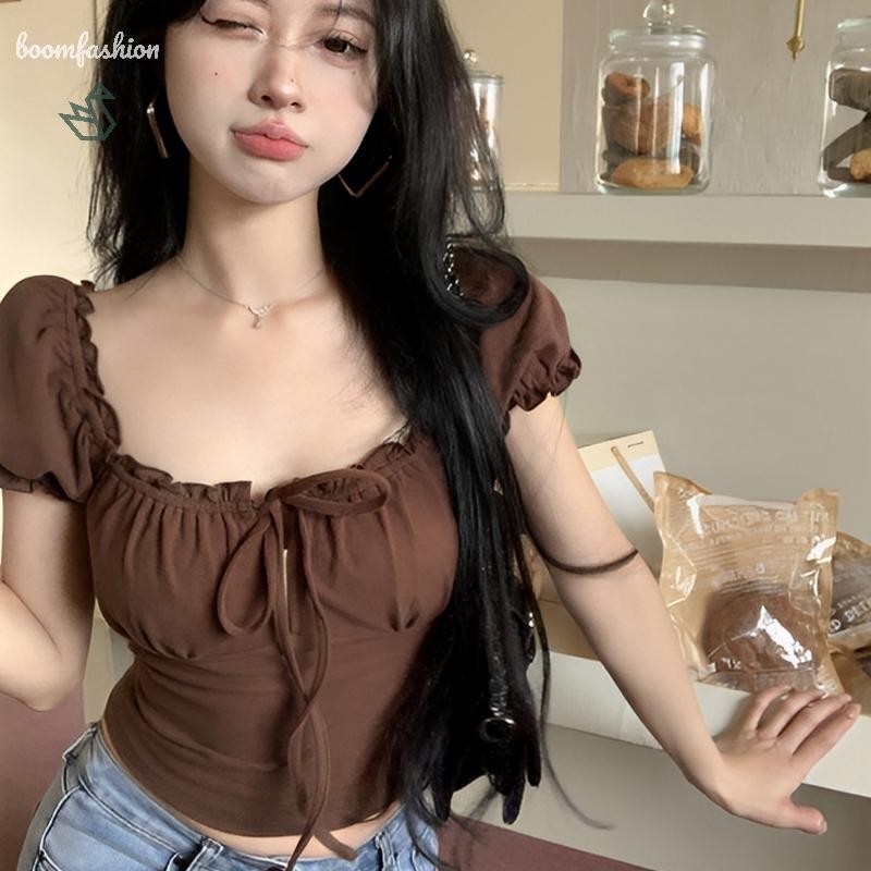 [Boomfashion] Stylish Square Neck Cut-out Detail Slim Fit Crop Top - MY