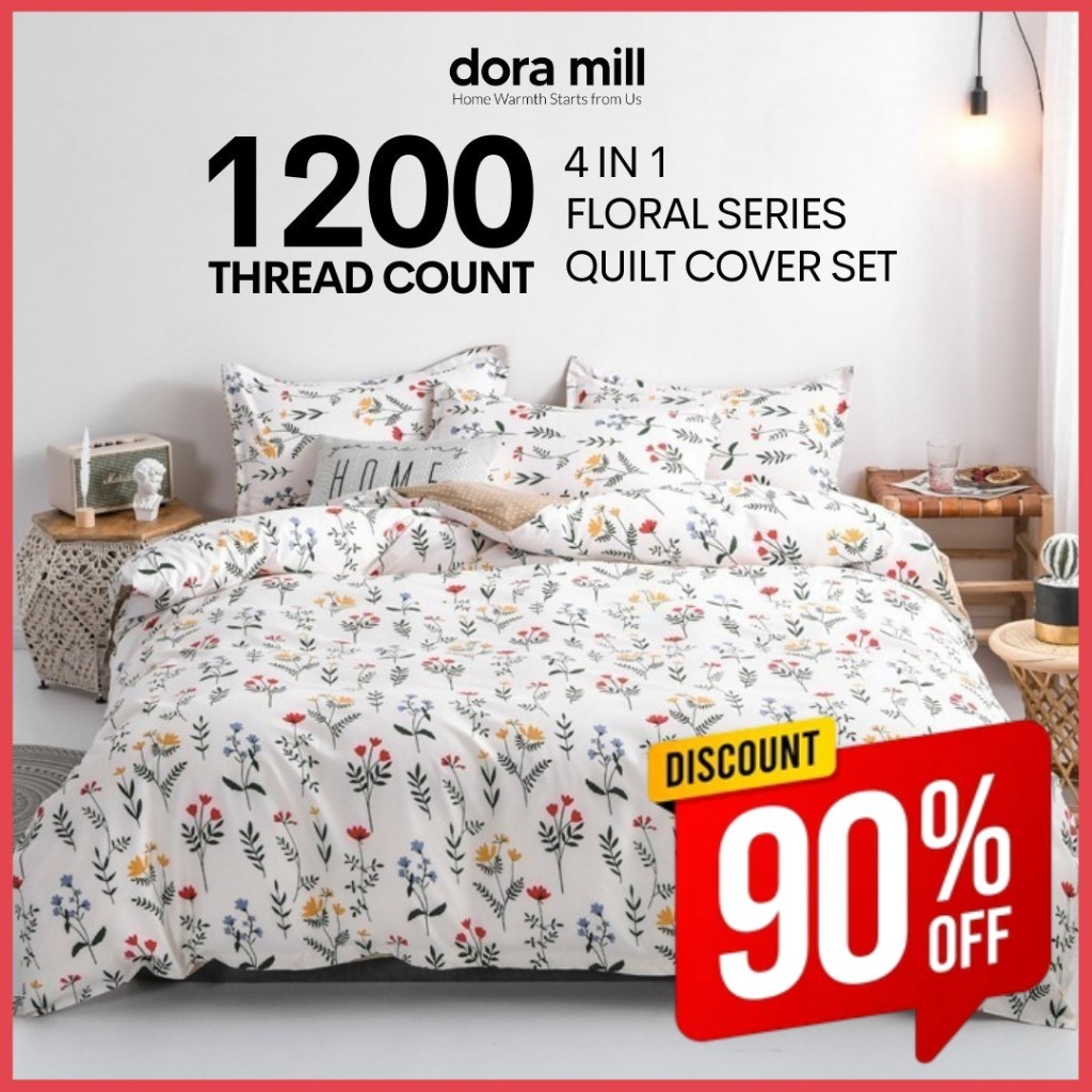 DORAMILL Floral Quilt Cover Bedsheet Set Sarung Comforter 1200TC Flower Bunga Cadar Single Queen BAC