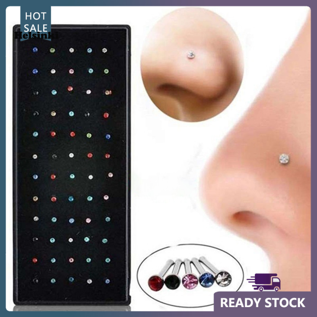 HLS 60Pcs Nose Rings Piercing Attractive Rhinestone Comfortable to Wear Shiny Body Jewelry Hypoallergenic Stainless Steel Nose Studs Rings Jewelry Accessory