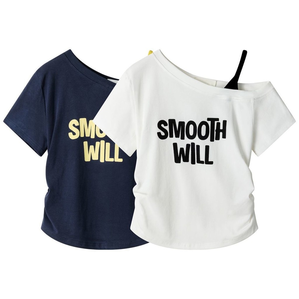 【WJZ】Korean style women's pure cotton letter print off-shoulder short-sleeved T-shirt【PDD107】