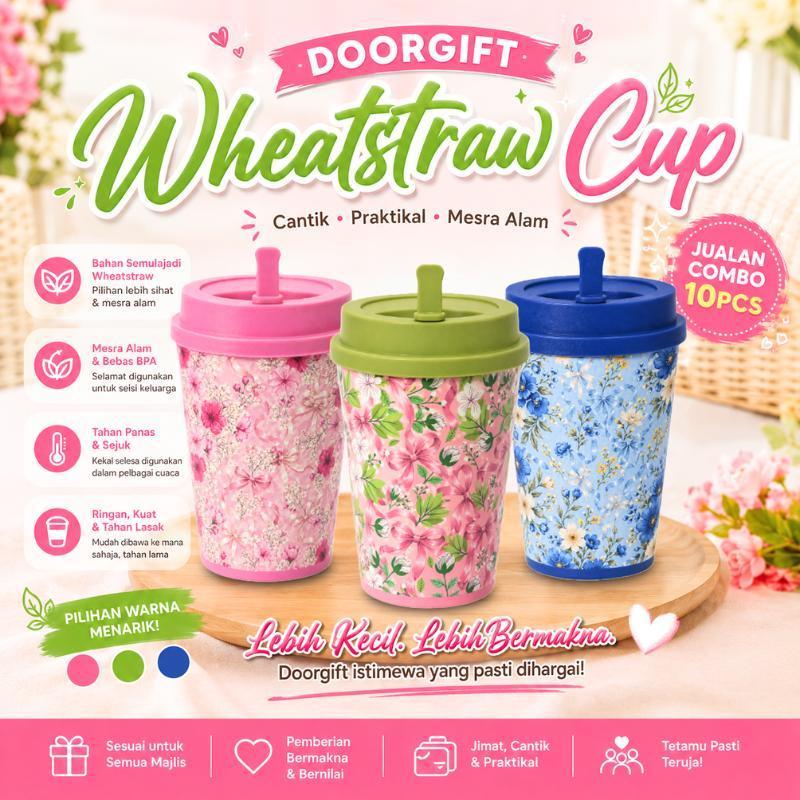TBF Wheatstraw Cup Doorgift Set【10PCS】| Eco-Friendly Reusable Tumbler with Gift Box | Mix Colour Souvenir Cup
