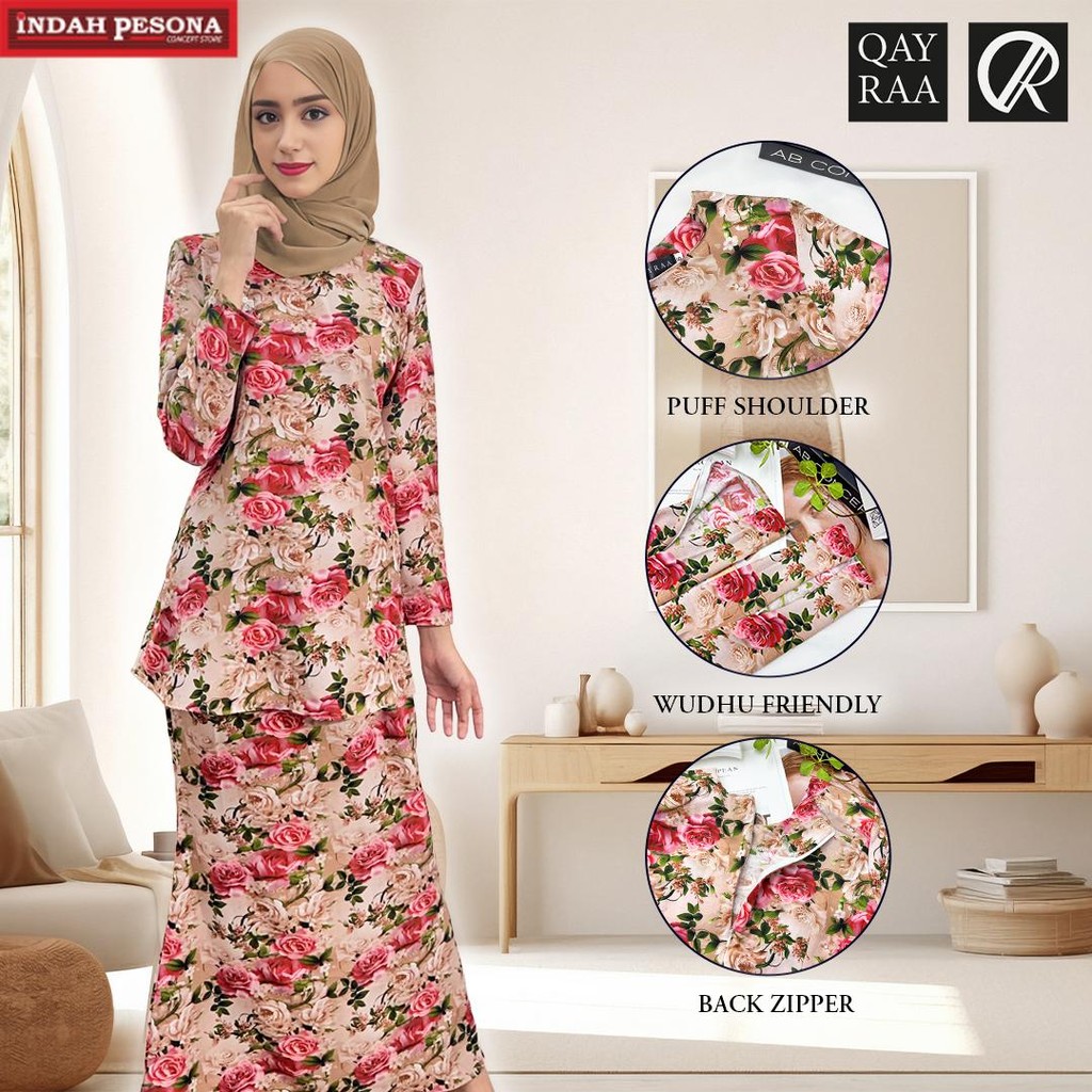 QAYRAA Isabella BAJU KURUNG 20D printing with Zip/Kurung Moden Slim/Ironless /Kurung Kedah Raya Wudhu Set