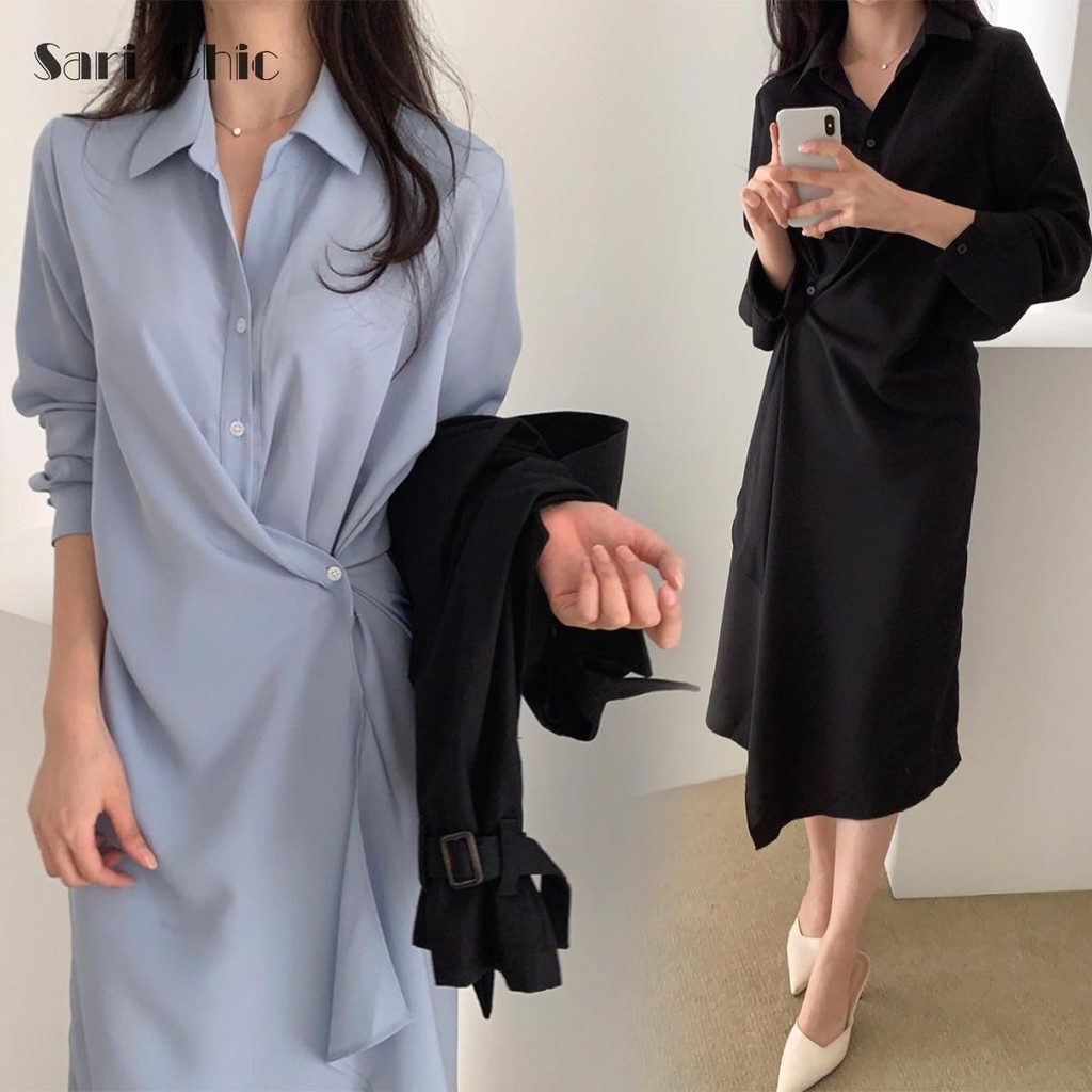SARICHIC Irregular Waist Design Shirt Dress French Elegant Mid-Length Slim Long Sleeve Dress for Women -99169