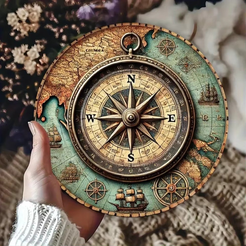 2D Vintage Nautical Compass Aluminum Sign, Flat Metal Art Wall Decor for Home Bar Boat Cafe Indoor Outdoor