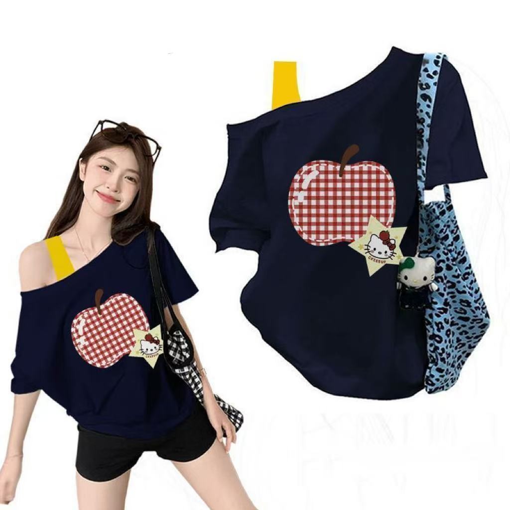 chic印花假两件短袖t恤女2025夏季新款露肩宽松显瘦斜肩上衣学生Chic Printed Fake Two-piece Short-sleeved T-shirt for Women 2ejdh55