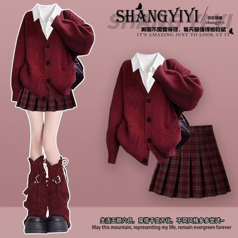 jk制服秋冬套装穿搭新年百搭时尚针织毛衣衬衫百褶裙三件套Jk uniform autumn and winter suit wear new year all-match20250912