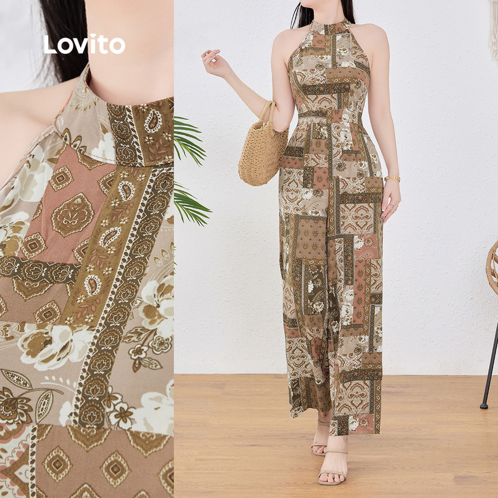 Lovito Vacation Soft and Comfortable Spring/summer Jumpsuit for Women L143EDD100 Lovito Vacation Pasangan Jumpsuit Musim Bunga/panas Wanita Yang Santai Lembut dan selesa L143EDD100