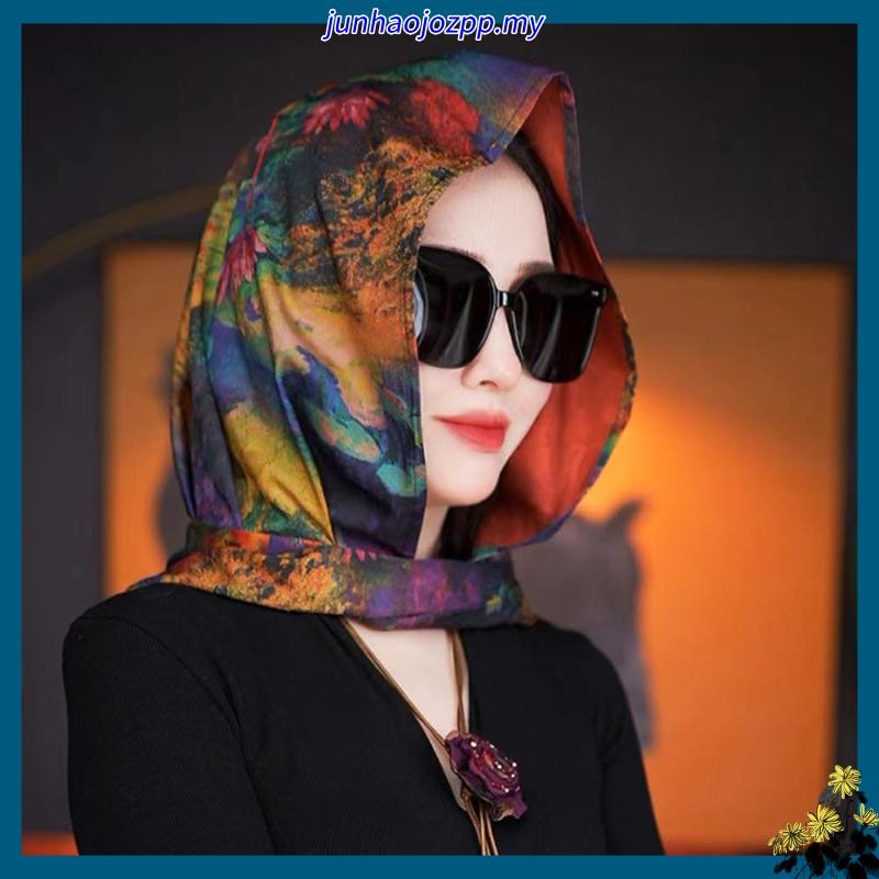 tudung ruffle tudung shawl tudung si comel tudung bawal printed tudung jasmine tudung sarung cotton anak tudung inner tudung tudung bawal bidang 50 pin tudung 2025 New Style Travel Sunscreen Silk Scarf Hat Imitation Fragrant Cloud Gauze Double-Sided Flowe