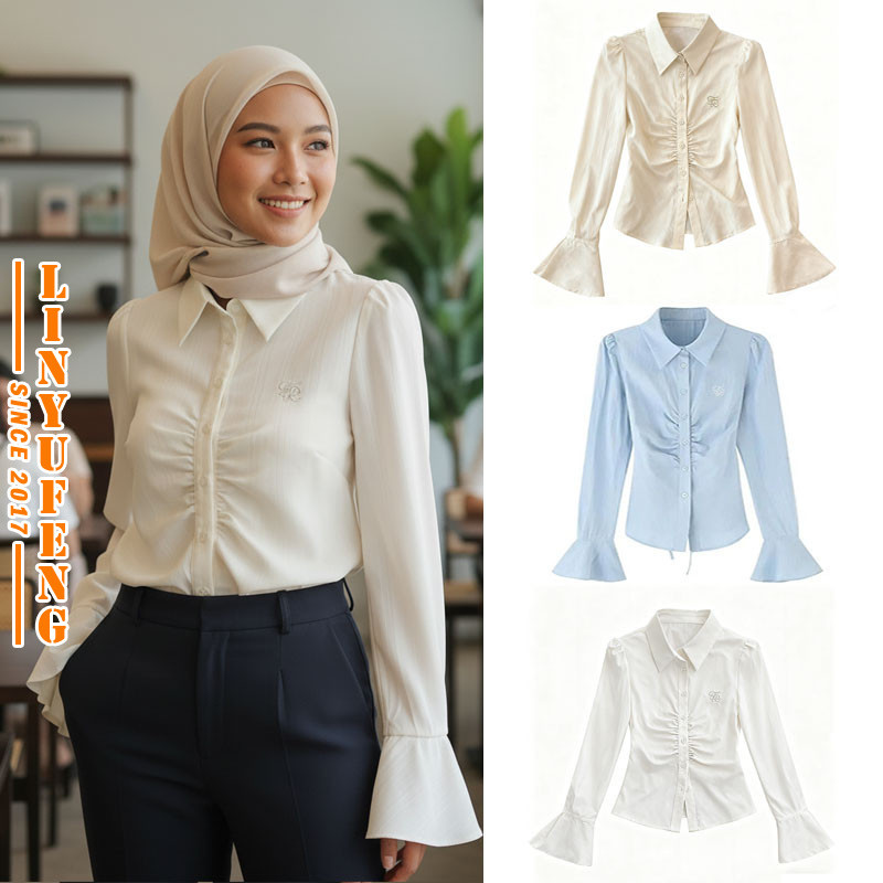 ?Linyufeng? Tunic Blouse Women Office Outfit Korean Style Student White Blue Classy Fitted Elegant ironless Ladies Slim Waist Pleated Long Bell Sleeve Shirt Top Baju Kemeja Putih Biru Lengan Panjang P