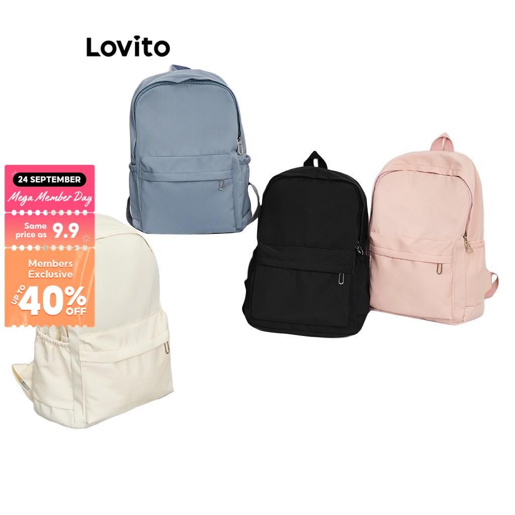 Lovito Preppy Backpack Plain Colorblock Double Shoulder Strap Multi-pocketed Backpacks for Women L41BA05 (White/Pink/Blue/Black)