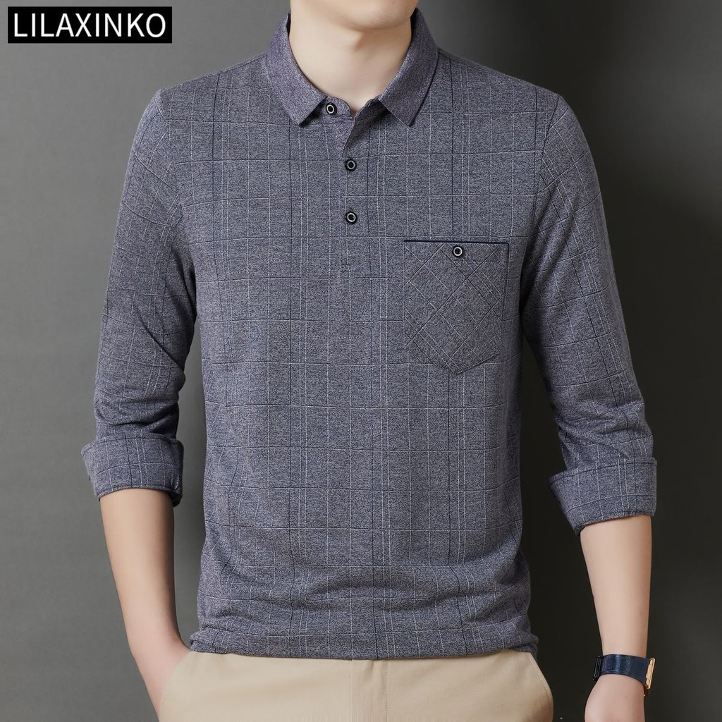 Polo Shirt Men Clothing Checkered Plaid Basic Long Sleeve T Shirt Top Shirts Casual Classic Fashion
